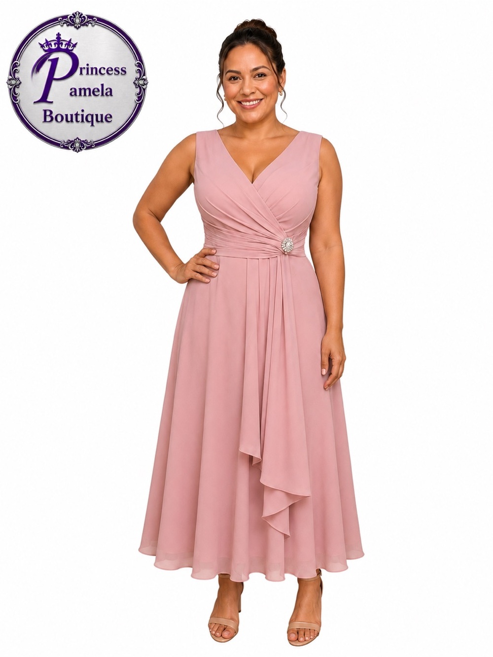 #193 Blush pink V-neckline chiffon dress-XL/Size 14